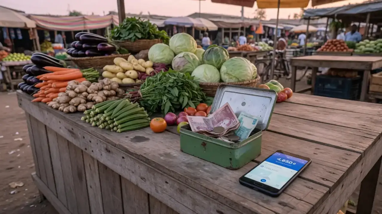 Open-air market stall with stacked produce and a small cash tin beside a phone showing a mobile-money balance, illustrating everyday conversion between notes and digital value
