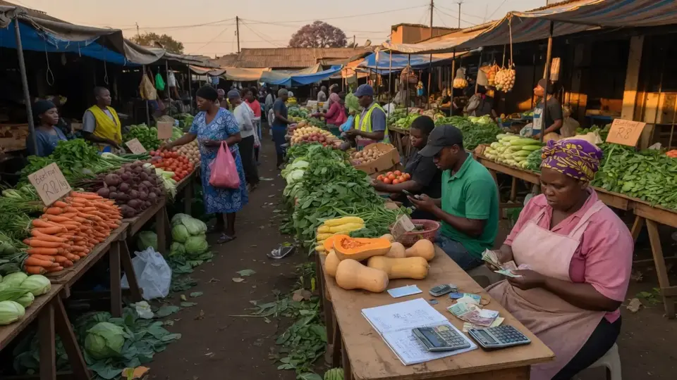 Busy open-air market aisle with traders at wooden tables, a calculator and notebook beside stacked goods, and a person counting notes while another checks a phone—showing mixed cash and digital settlement