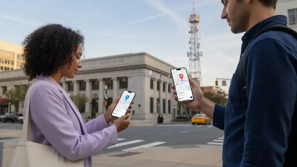 Clean abstract scene of two people connecting via phone map pins over a city street with bank and mobile-money cues in the background, symbolising matching supply and demand without a central vault of cash