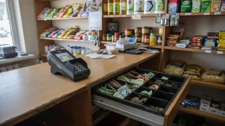 Small retail counter with a card or mobile-money payment device, a modest cash drawer open with mixed notes, and inventory shelves behind—showing mixed payment methods at the point of sale