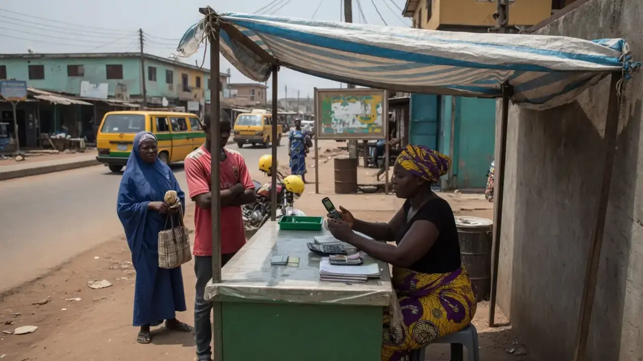 Street-side mobile-money agent kiosk with branded canopy, a person at the counter with a feature phone, and a small queue—showing real-world access points beyond smartphone apps