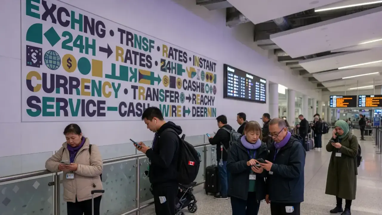 Airport arrivals hall with travellers checking phones near currency and transfer service signs, evoking cross-border payment timing and corridor choices without showing specific brand logos