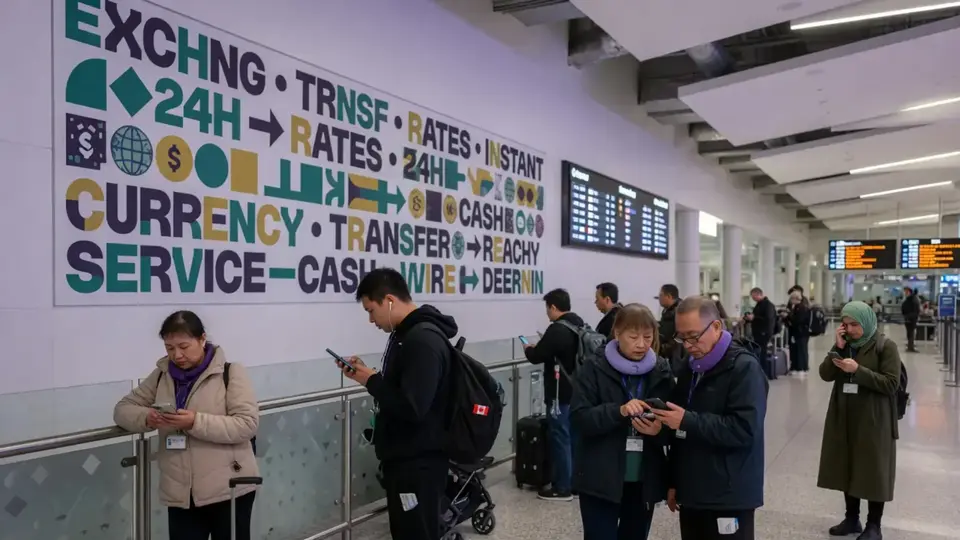 Airport arrivals hall with travellers checking phones near currency and transfer service signs, evoking cross-border payment timing and corridor choices without showing specific brand logos