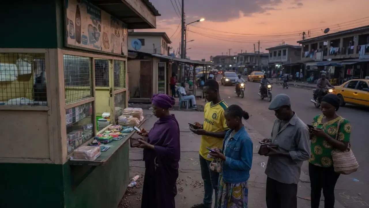 Short queue outside a city kiosk at dusk, people waiting with phones and wallets, suggesting local demand for cash or digital settlement under time pressure